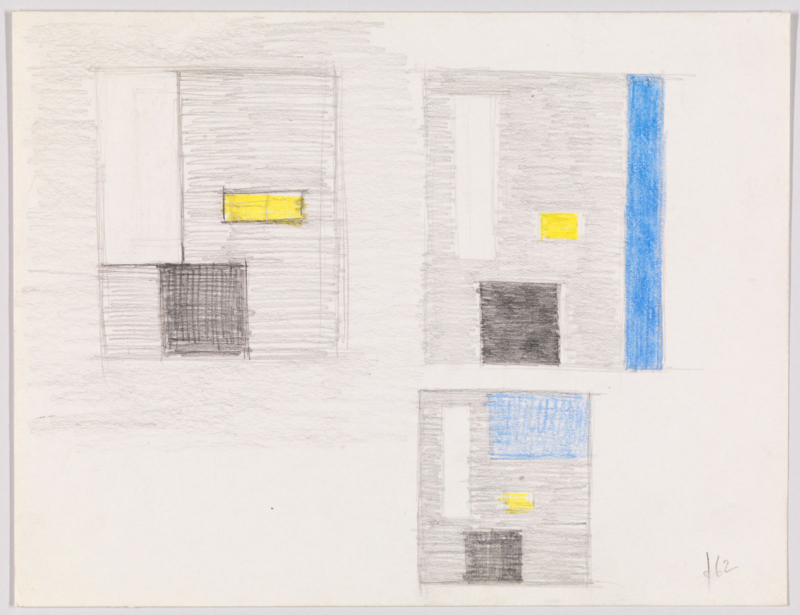 A sketch of four abstract compositions featuring rectangular forms and blocks of color, with pencil and crayon on paper. Each composition includes a variation of windows with yellow squares that appear to represent light, and either blue or black rectangles suggesting different times of day or lighting conditions. The drawing has a textured background, and there's a signature at the bottom right corner.