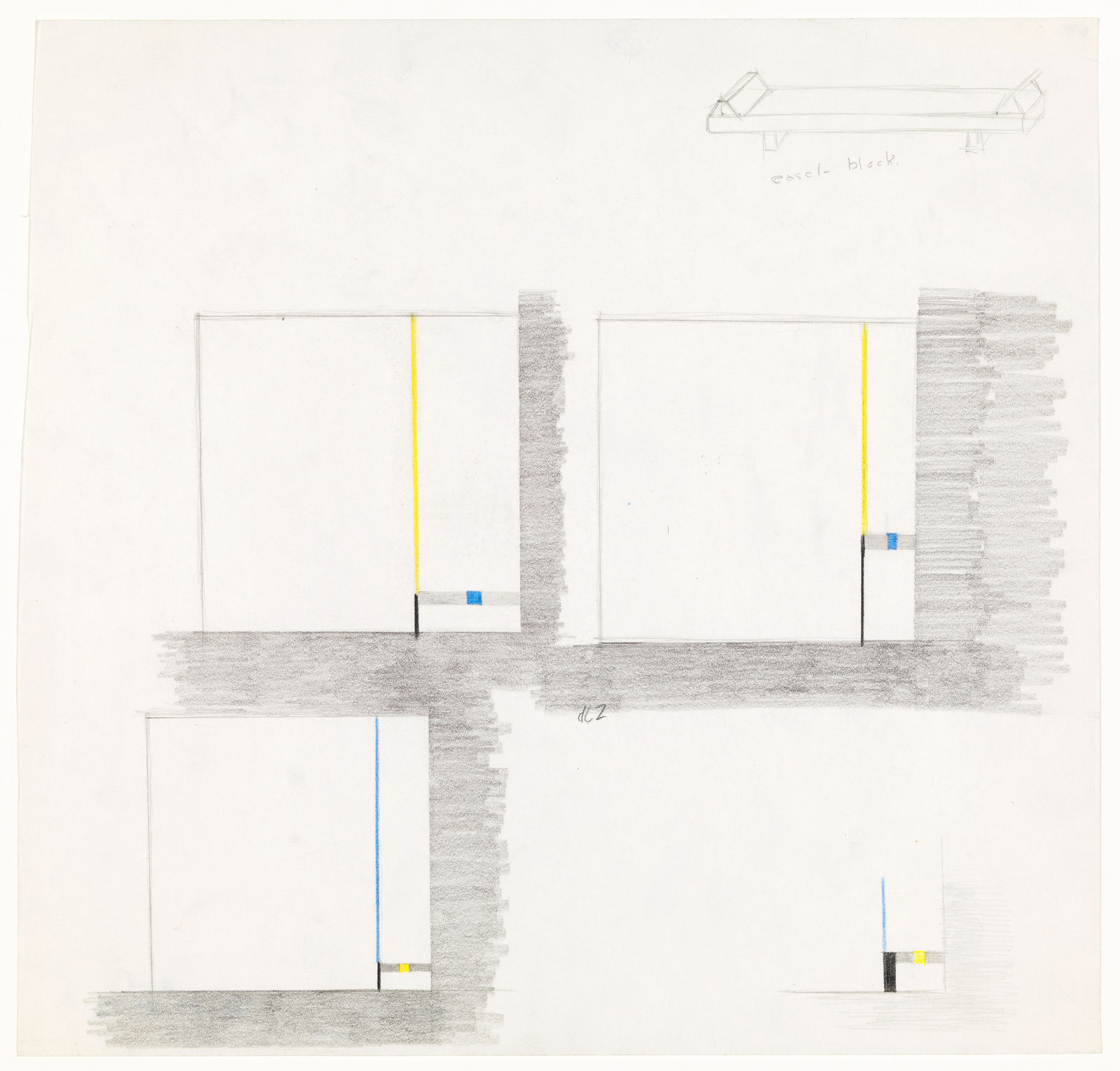 A sketch of an architectural design showing three elevations with minimalistic details. The drawings feature vertical and horizontal lines with yellow and blue accents, and shaded areas in pencil. There's a small diagram labeled "east-blk" in the upper right corner, suggesting a block plan or elevation detail. The paper appears aged with some creases and smudges.