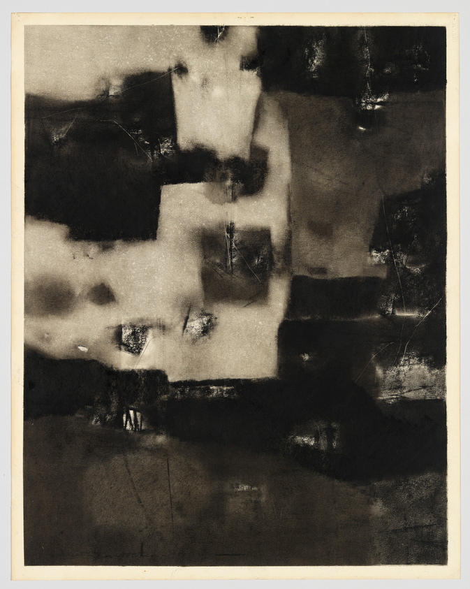An abstract artwork featuring a variety of brown and black smudges, shapes, and textures that create a layered, ambiguous composition. The piece is bordered by a lighter frame, suggesting it may be a print or drawing on paper.