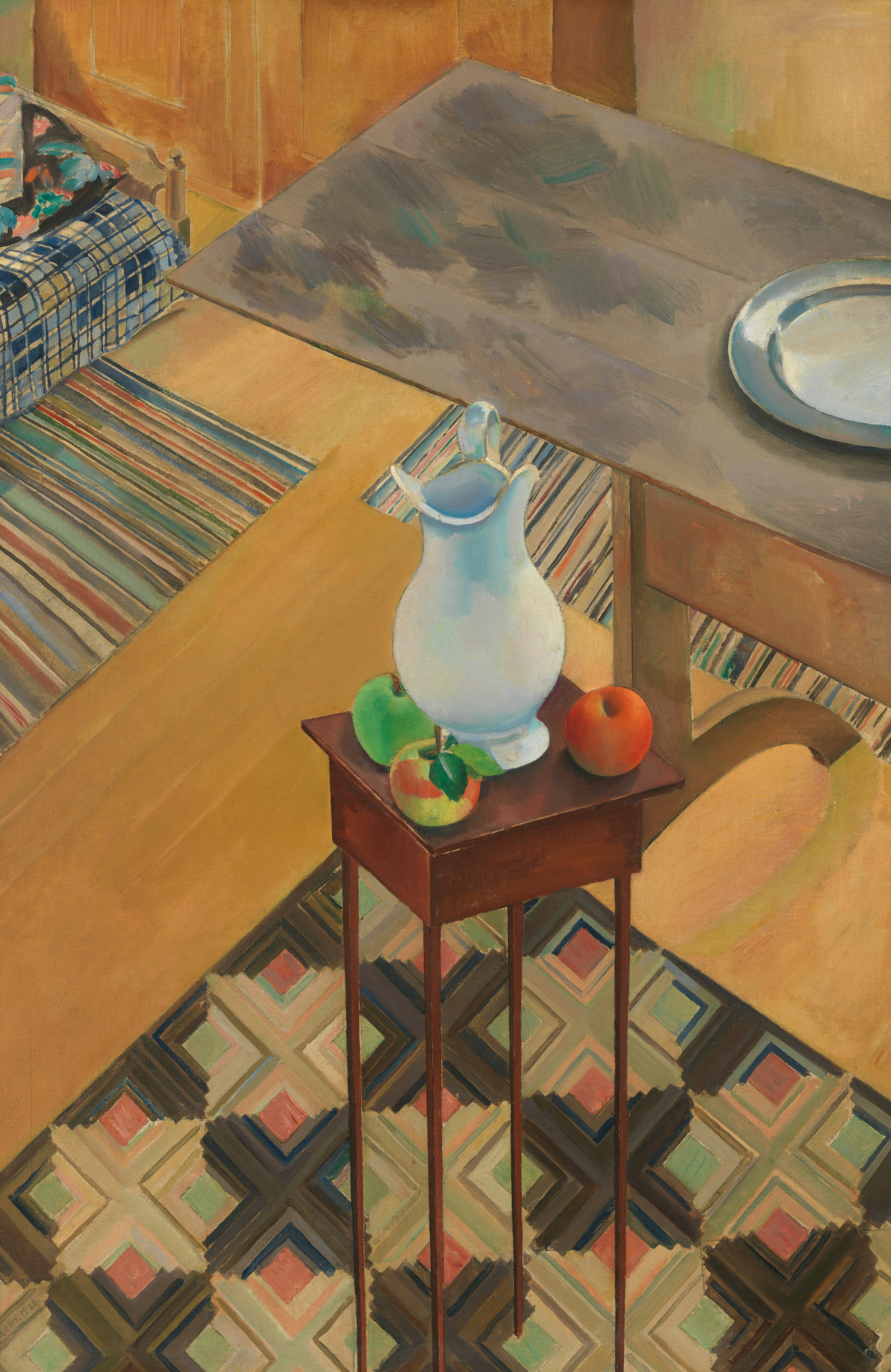 A painting depicting an interior scene with a focus on a small wooden table holding a white pitcher and two pieces of fruit, an apple and an orange. The table stands on a patterned rug with geometric designs, and in the background, there's a glimpse of a bed with a plaid blanket and a wooden chair. The room is rendered with a warm palette and exhibits a play of light and shadow, creating a cozy atmosphere.