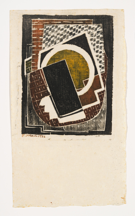 Abstract geometric print with overlapping shapes and textures, dated 1932.