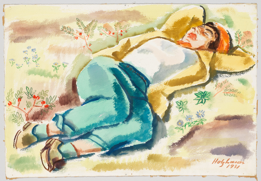 A vibrant watercolor painting depicting a person lying on their back in a relaxed pose, wearing a wide-brimmed hat, a white blouse, and blue trousers. The background is an abstract blend of earthy tones with hints of green foliage and red berries, suggesting an outdoor setting. The artwork is signed and dated at the bottom right corner, "Hoglan 1931."