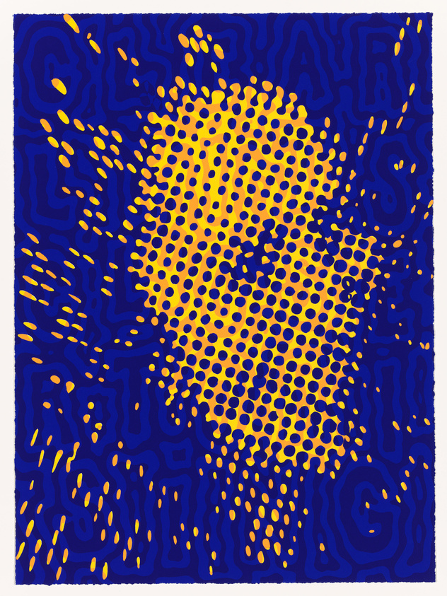 A digital artwork featuring a swirling pattern of blue and yellow dots that create an optical illusion of depth and movement. The dots are denser and more concentrated in the center, resembling a vortex, and become more scattered towards the edges. The background is a deep blue, and the dots are a bright yellow, creating a stark contrast.
