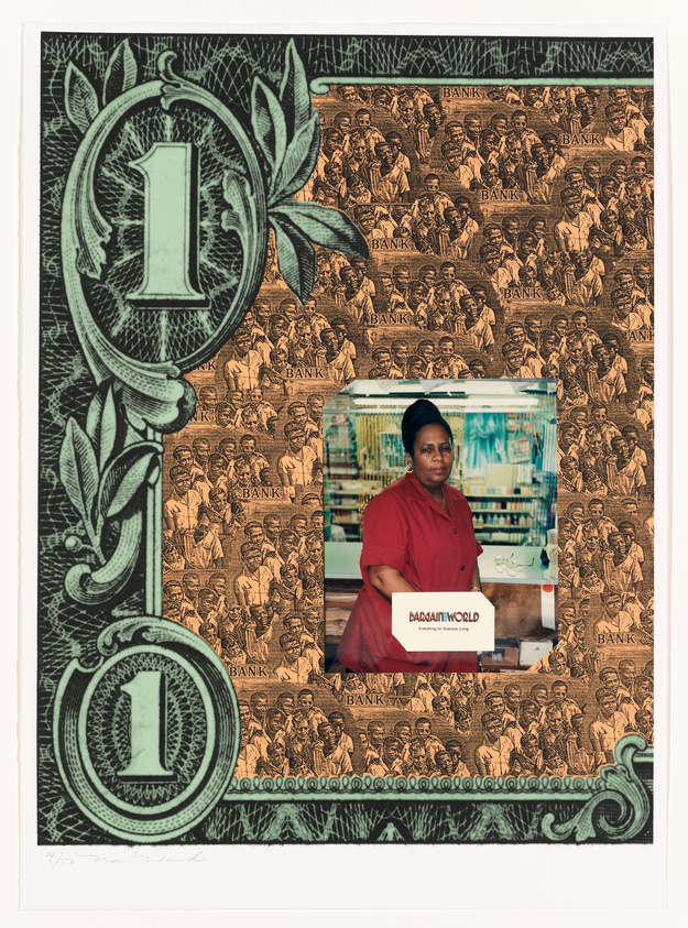A collage featuring a woman in red with a box labeled "BADAGRYWORLD" surrounded by ornate currency-inspired designs.