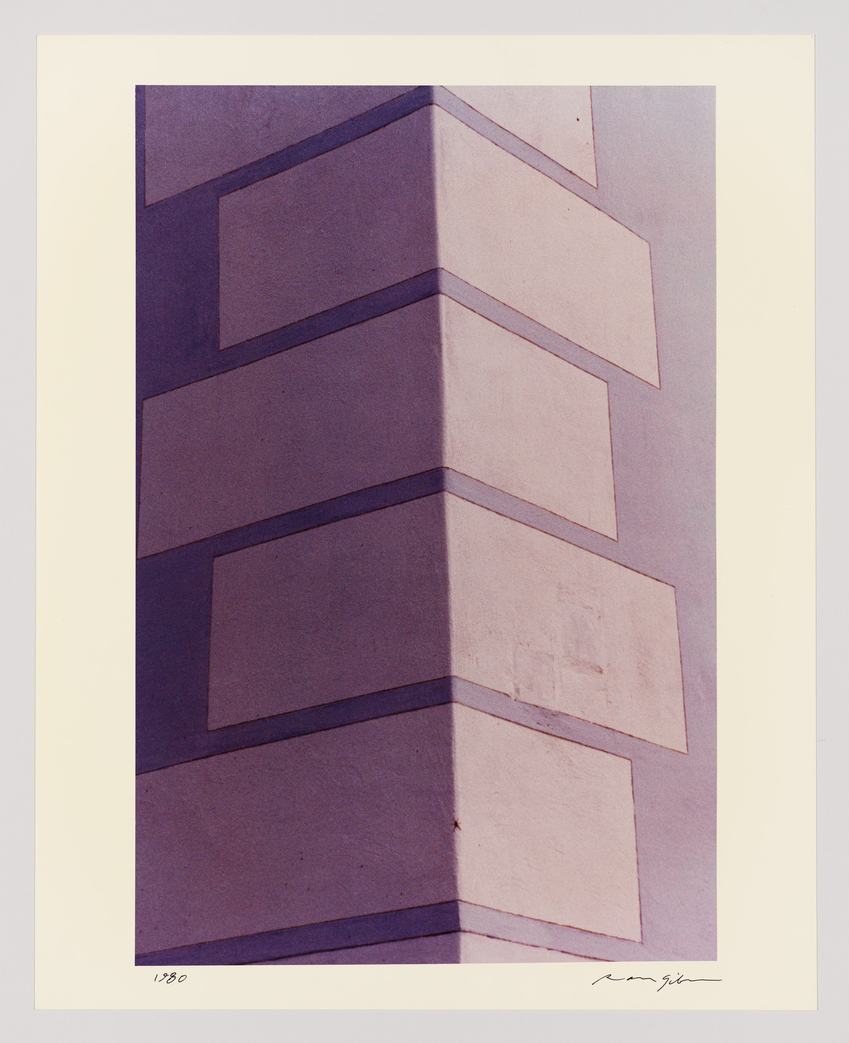 A graphic artwork depicting the corner of a building with a strong geometric design, showcasing the interplay of light and shadow on the structure's ledges. The image has a dated appearance with a signature in the bottom right corner and a number in the bottom left corner, suggesting it may be a limited print.