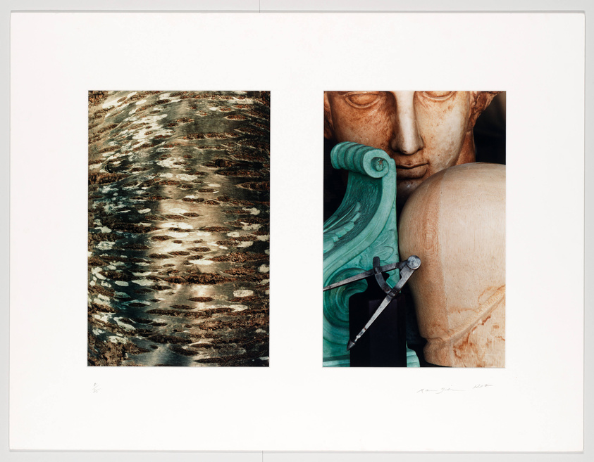 A framed artwork featuring two separate images side by side. On the left is a close-up photo of a textured surface with patterns that resemble ripples on water. On the right is a photo of a classical sculpture detail, showing part of a serene face and a compass against a green scroll-like element. Both images are mounted on a white background with artist's signatures at the bottom.