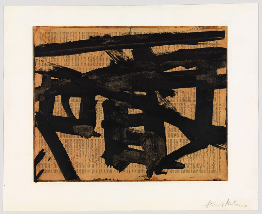 An abstract artwork featuring bold black brushstrokes over a background of newspaper print. The artist's signature is visible in the lower right corner.