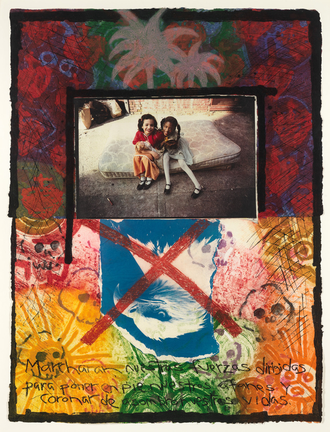 Mixed-media artwork with a central photo of two children on a mattress, surrounded by colorful, abstract designs and Spanish text.