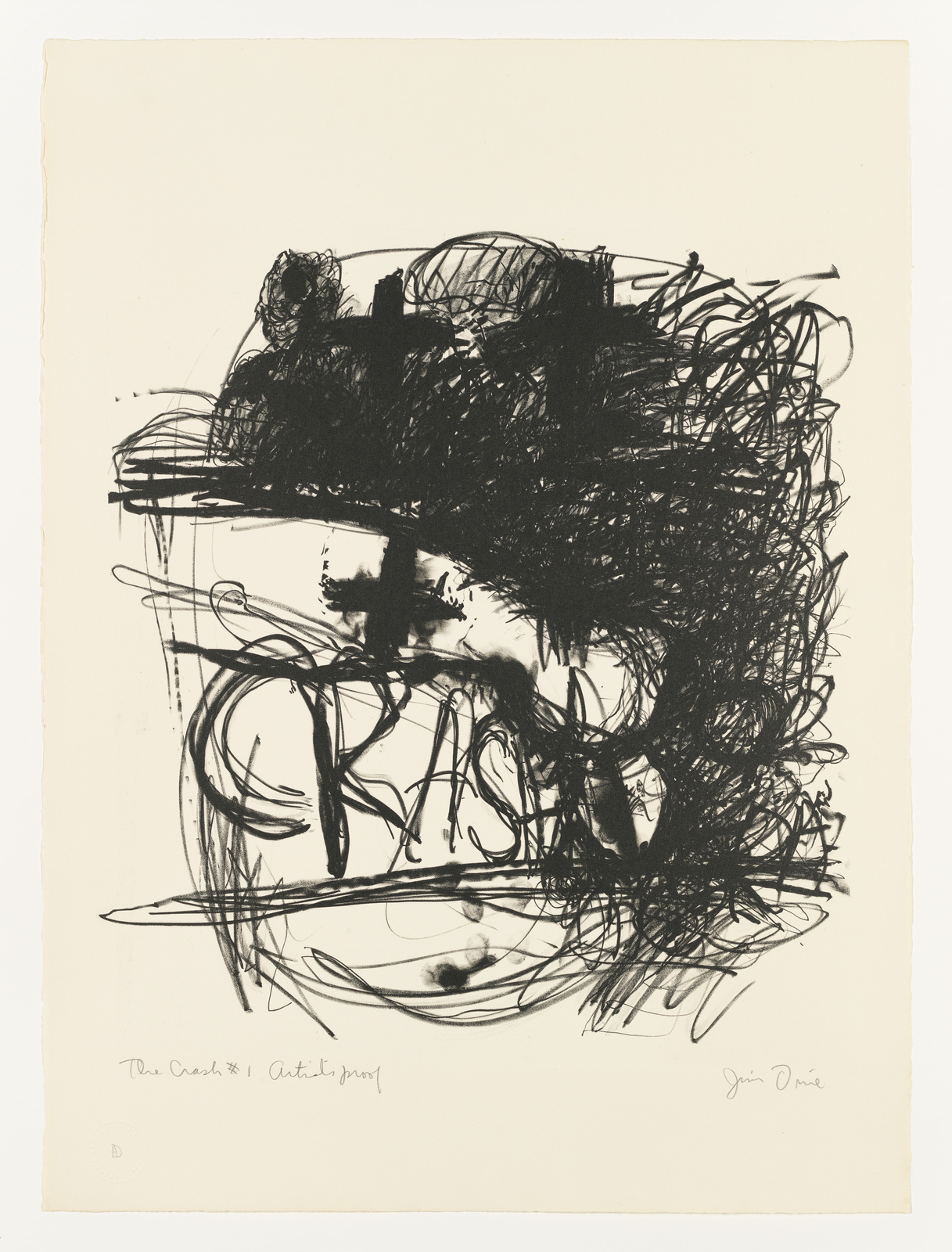 An abstract black ink drawing on a beige paper featuring energetic scribbles and lines that create a chaotic and expressive composition. The bottom of the artwork contains handwritten text and a signature.
