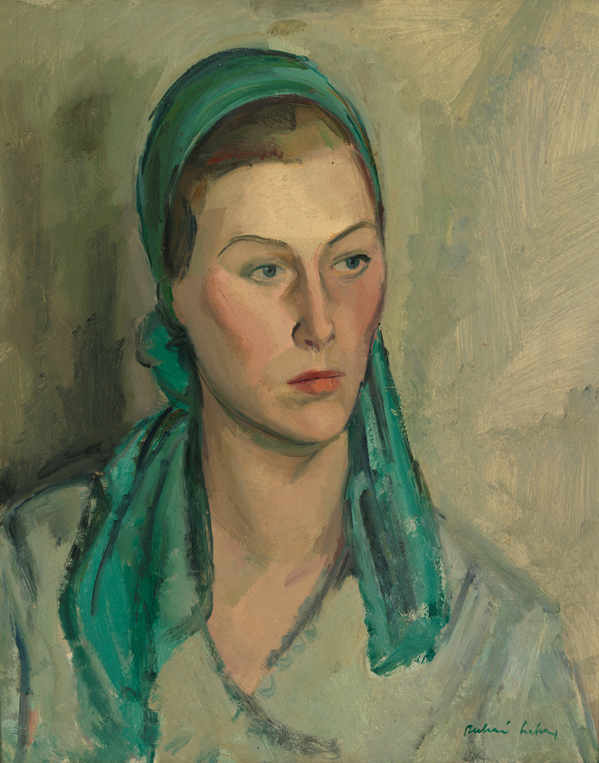 Oil painting of a woman with a solemn expression, wearing a green headscarf and a light-colored blouse. The artist's brushstrokes are visible and the background is a muted beige. The painting is signed in the lower right corner.