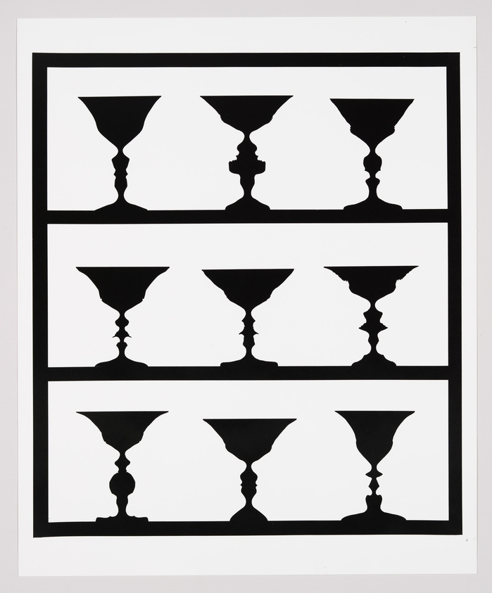 A black and white optical illusion artwork featuring three rows of goblet silhouettes, where the negative space between the goblets forms the profiles of two faces looking at each other.