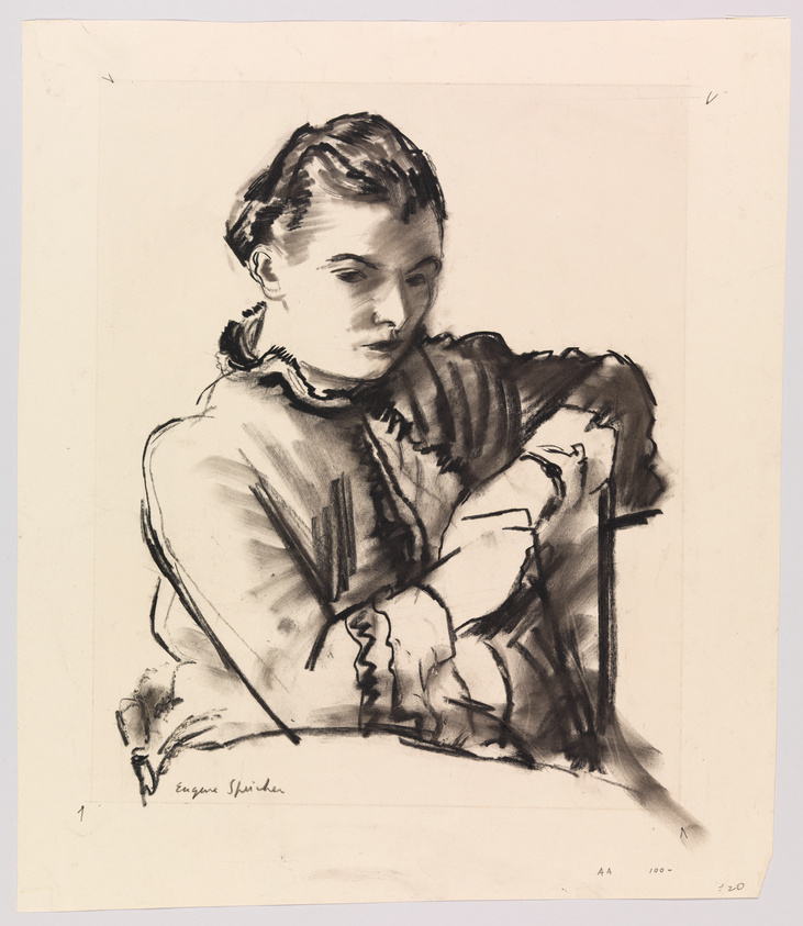 Sketch of a seated young woman with her arms crossed and resting on her lap, looking downward. The artwork is rendered in a loose, expressive style with visible strokes and shading, capturing a contemplative mood. The artist's signature is visible at the bottom left.