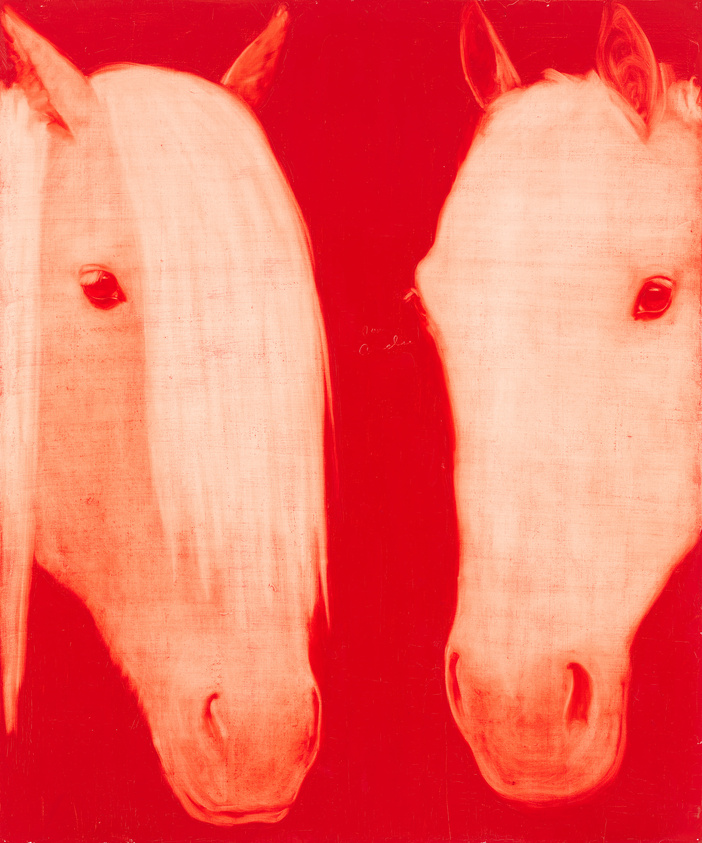 A painting of two white horse heads side by side against a vibrant red background. The horses are depicted with a minimalist style, focusing on their outlines and facial features with subtle shading.