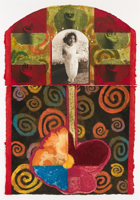 Mixed-media artwork with a central vintage photo of a child, surrounded by colorful abstract patterns and hand motifs on a red background.