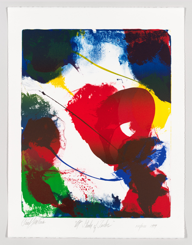 A vibrant abstract print featuring bold splashes of red, blue, yellow, and green with dynamic black and white accents. The composition is lively, with overlapping colors and energetic lines. There is a signature in the lower left and text in the lower right indicating the print's title and edition number.