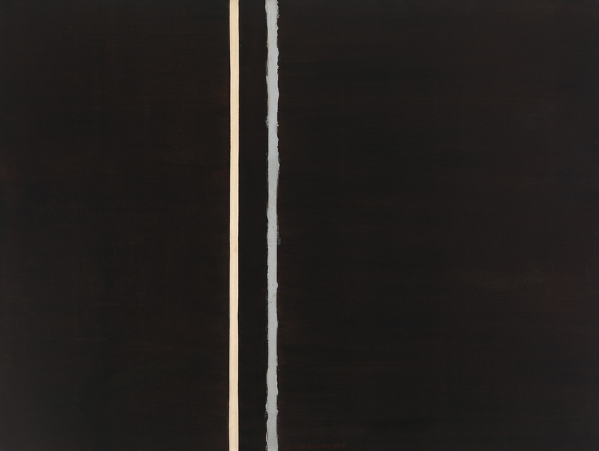 A minimalist painting featuring a dark, almost black background with a vertical, off-center white stripe bordered by a thin line of bare canvas. The stripe has an irregular, slightly jagged edge, suggesting it was created by hand without the use of tape or a straight edge. The painting evokes a sense of simplicity and focus on the contrast between the dark field and the light stripe.