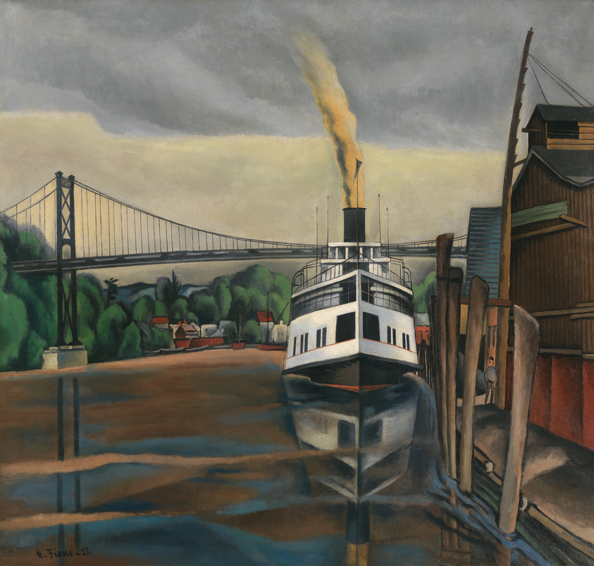 A painting depicting a moored steamboat with a prominent smokestack emitting a plume of smoke, set against a backdrop of a suspension bridge and a cloudy sky. The foreground shows wooden docks and a warehouse, while the middle ground reveals a glimpse of a green landscape with red-roofed buildings. The water reflects the boat and structures, creating a serene yet industrial scene.