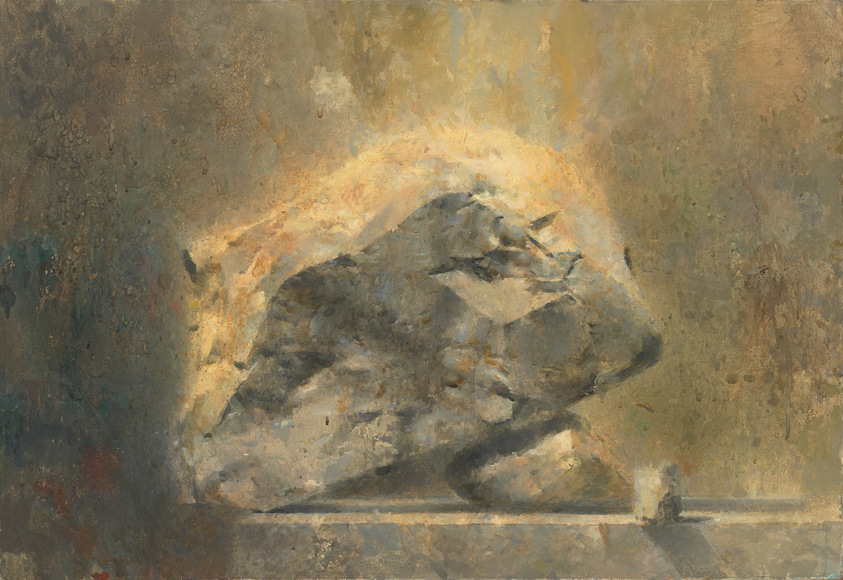 An impressionistic painting depicting a lion resting, with a warm, glowing light highlighting its mane and back. The background features abstract, textured brushstrokes in earthy tones, creating a sense of depth and atmosphere.