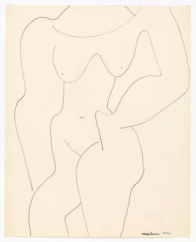 A minimalist line drawing on a beige background depicting the abstract form of a female figure with flowing lines for the body and hair. The artist's signature and the year 1932 are inscribed at the bottom right.
