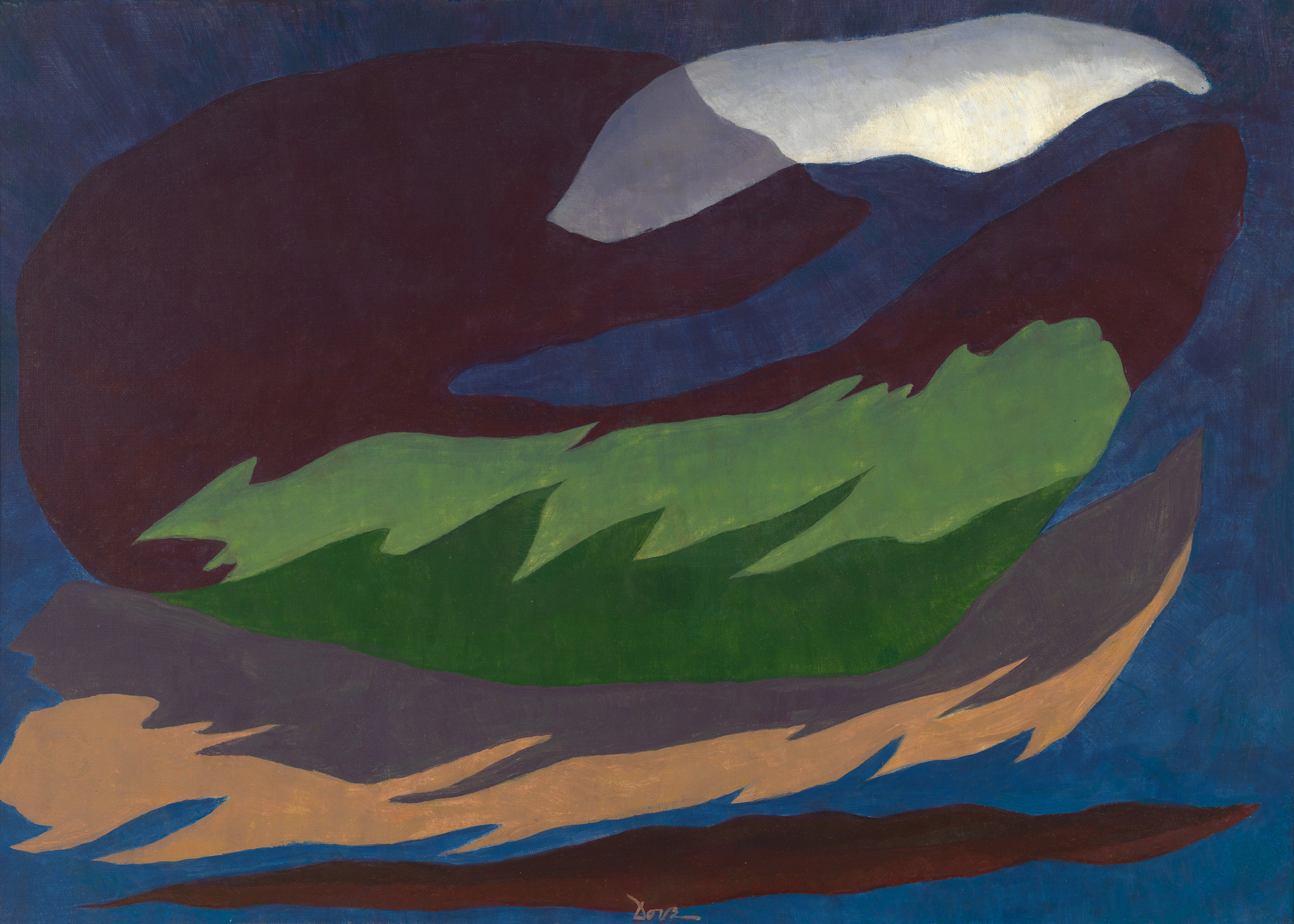A painting featuring abstract shapes and bold colors, with a dark blue background. The central form resembles a stylized, flowing landscape with layers of maroon, green, and brown, topped by a white shape that might suggest a cloud or snow-capped peak. The artist's signature is visible in the lower right corner.