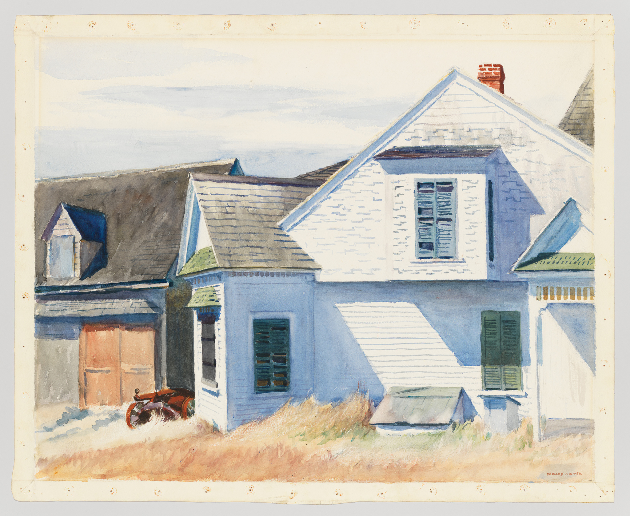 Watercolor painting depicting a quaint blue and white house with shutters, featuring a red brick chimney and a vintage red bicycle leaning against the front. The artwork captures the essence of a serene, sunny day with shadows casting on the house's facade, surrounded by dry grass and a clear sky. Visible perforations along the paper's edges suggest it may be a piece removed from a sketchbook or pad.