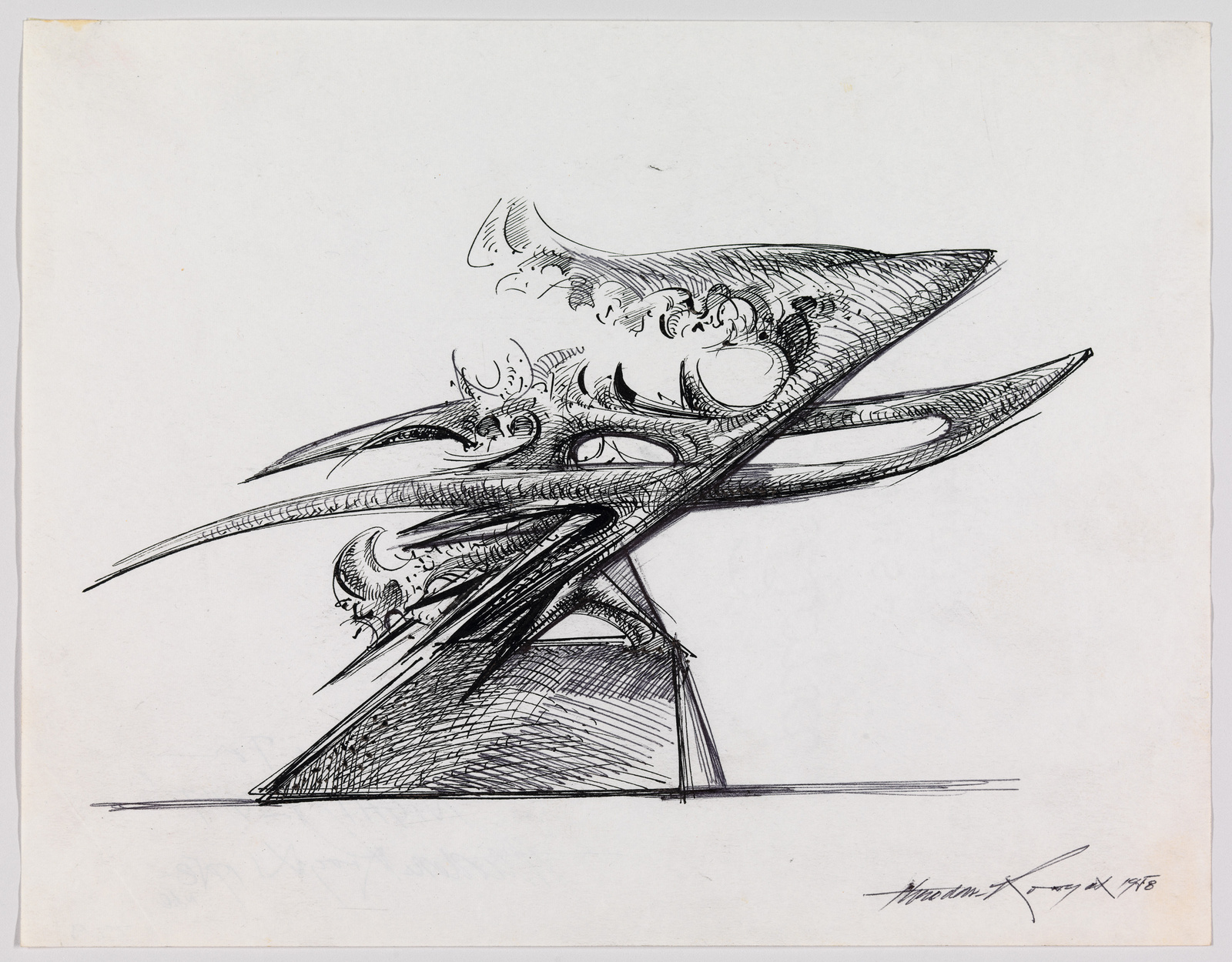 A black and white sketch of an abstract, angular sculpture with dynamic lines and sharp edges. The drawing features intricate details and textures, suggesting a metallic surface, and includes a signature at the bottom right corner.