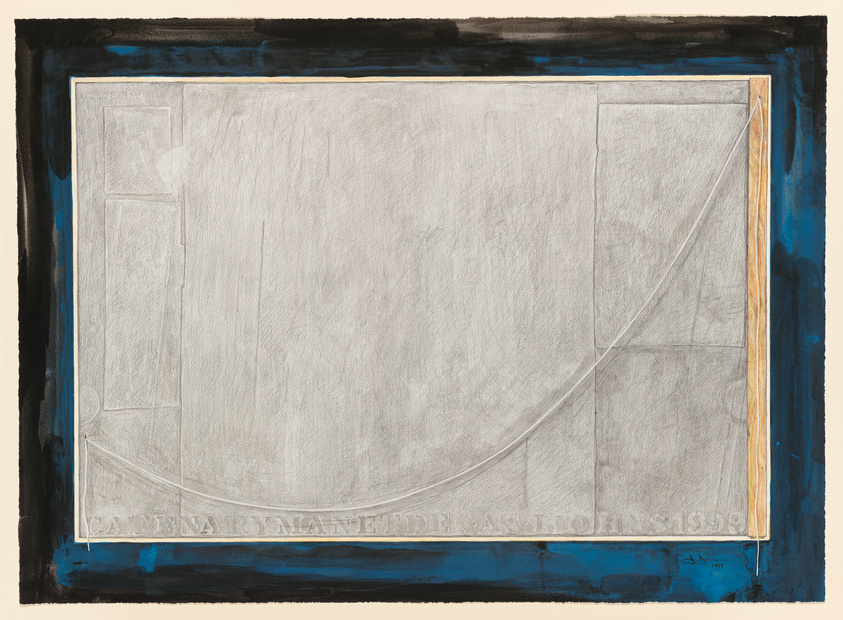 A textured abstract artwork featuring a central gray canvas with faint geometric lines and shapes, bordered by a thick, dark blue frame with visible brushstrokes. The bottom edge of the frame includes inscribed text and the year 1959.