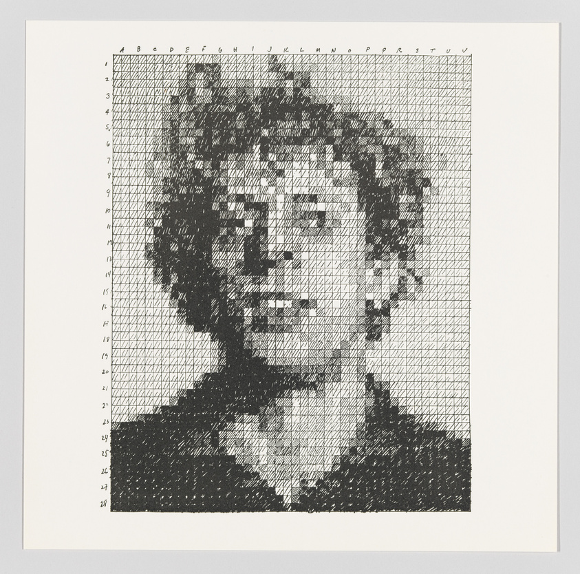 A monochromatic halftone portrait of a person composed of grid-aligned dots, with alphanumeric coordinates along the top and left margins, resembling a graph or chart.