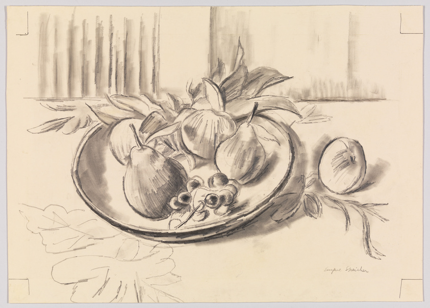 A sketch of a still life arrangement featuring various fruits such as apples and grapes on a plate, with a loose, expressive style, signed by the artist at the bottom right corner. The background is minimal, with vertical lines suggesting a curtain or wall texture.