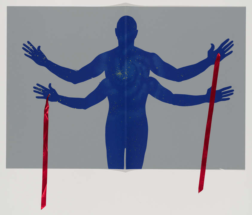 A graphic artwork depicting a blue silhouette of a human figure with arms outstretched, against a grey background. The figure is adorned with yellow speckles, suggesting a starry sky, and is flanked by two vertical red ribbons on either side.