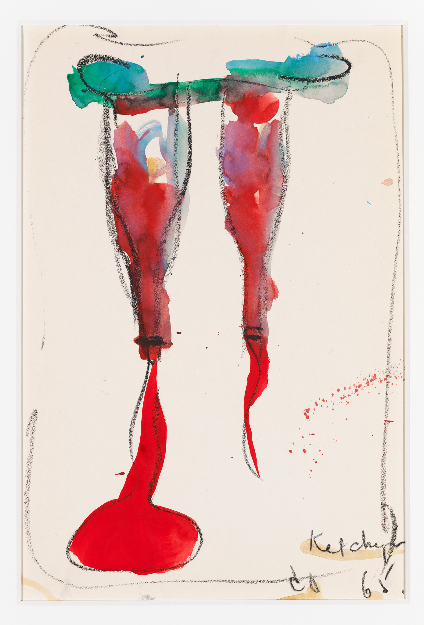 Abstract painting with red and blue vertical shapes, black outlines, and splashes of color.