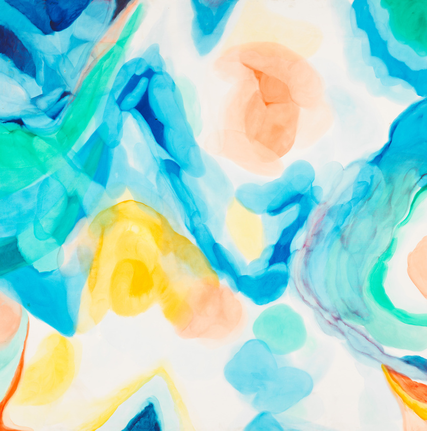 A vibrant abstract painting with swirling patterns of blue, aqua, yellow, and peach colors blending into each other against a white background.