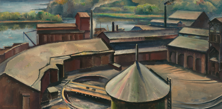 An oil painting by Charles Rosen depicting an industrial landscape with a variety of buildings, including a prominent round structure with a conical roof in the foreground. Smokestacks emit smoke in the background, and a river with a wooded bank is visible in the distance. The painting uses a muted color palette with an emphasis on browns, greens, and grays.