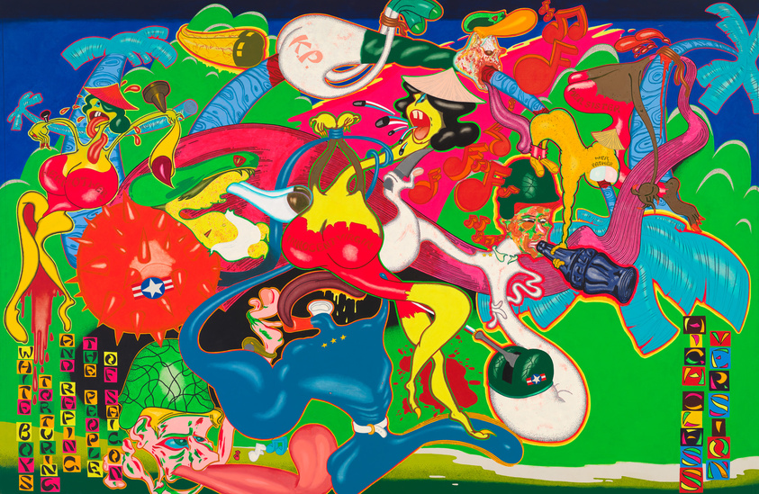 Colorful abstract artwork with distorted figures, musical notes, and vibrant shapes. Text includes "White Boys" and "Version."