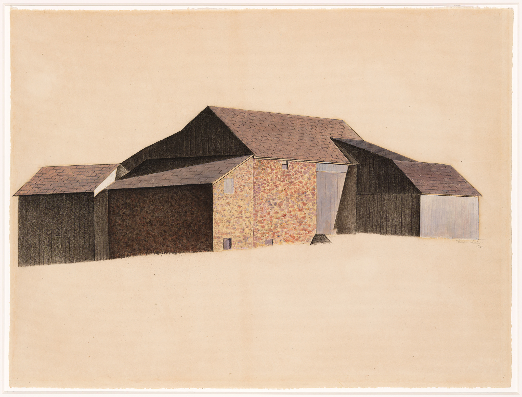 Illustration of a complex of farm buildings with various textures on the walls, including stone and wood, under a beige background. The roofs are depicted with shingles, and the perspective is flattened with minimal shading.