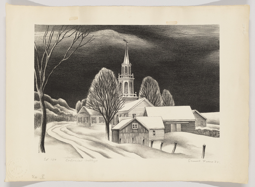 A black and white lithograph depicting a serene winter scene in a colonial village with a prominent church steeple, surrounded by bare trees and snow-covered houses. The sky is dark and textured, suggesting a night sky or an approaching storm. There are handwritten inscriptions at the bottom indicating the edition number and the artist's signature with the year '35.