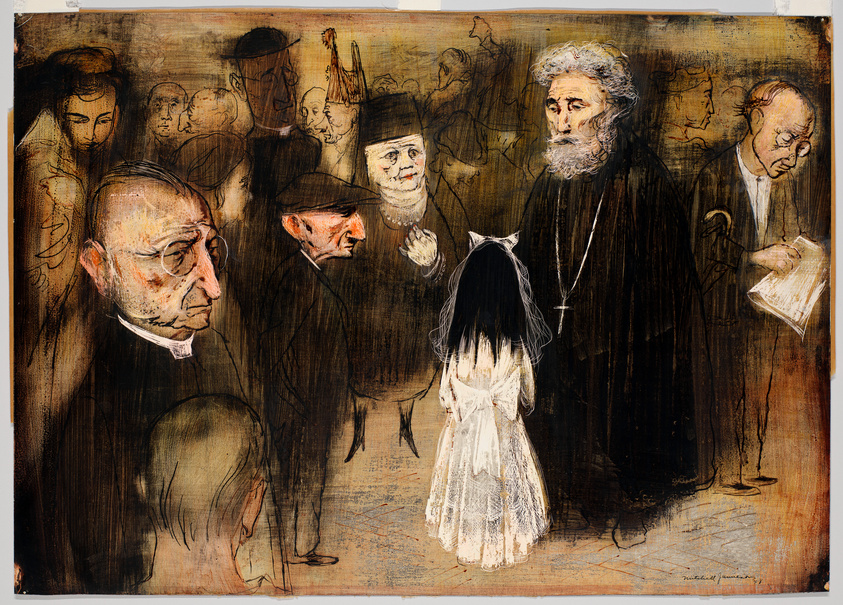 A painting depicting a young girl in a white dress and veil standing in the foreground, surrounded by a crowd of somber-looking adult figures in dark attire. The adults have exaggerated, expressive features, and the overall tone of the artwork is dark and moody, with a sense of movement among the figures in the background. The style is reminiscent of expressionism, with rough, sketch-like lines and a limited color palette dominated by browns and blacks.