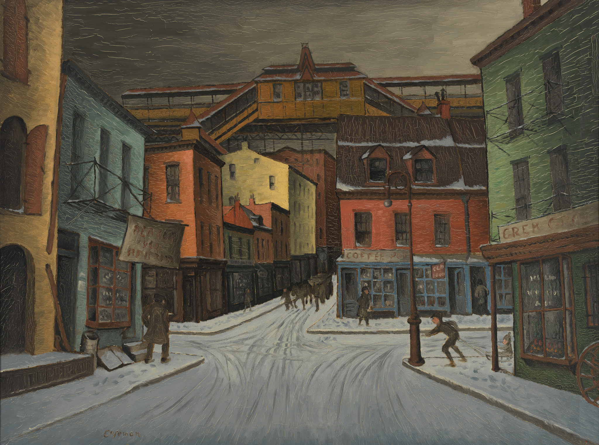 A painting depicting a snowy street scene in an urban setting with early 20th-century architecture. The street is lined with colorful buildings, including a coffee shop and other storefronts with signs. A few figures are scattered throughout, some walking and one shoveling snow. Overhead, an elevated train track runs between the buildings under a gray, overcast sky. The artist's signature is visible in the lower left corner.