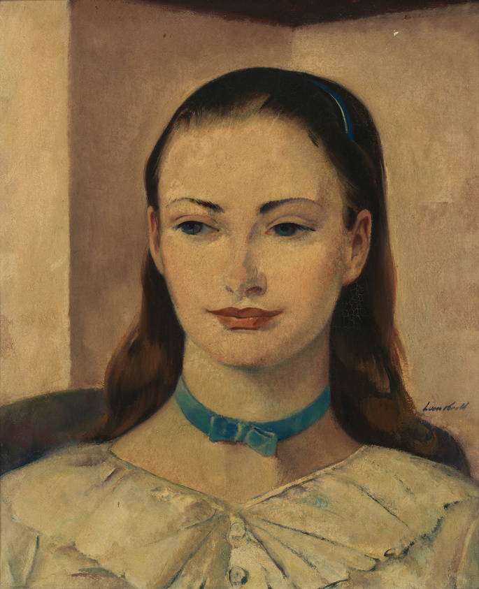 Portrait of a young woman with a serene expression, featuring a blue headband and choker, wearing a white blouse with a ruffled collar. The painting has a textured appearance with warm background tones, and the artist's signature is visible in the lower right corner.