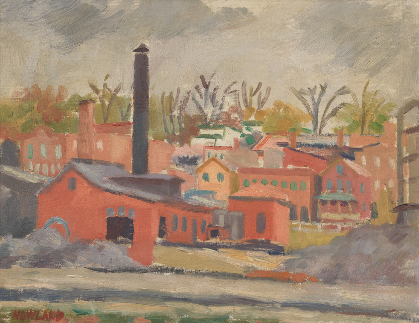 An impressionistic painting depicting an industrial landscape with red brick buildings, a tall chimney, and leafless trees in the background. The scene is rendered with broad brushstrokes in a palette of reds, greens, and grays, and the artist's signature "HOWLAND" is visible in the lower left corner.