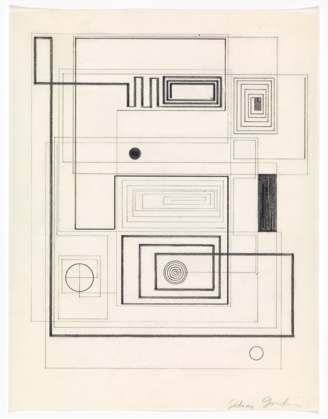A geometric abstract drawing featuring a variety of rectangles, squares, and lines with a couple of circles, one with a target-like pattern. The composition is primarily in black and white with subtle shading, and there's a signature at the bottom right corner.