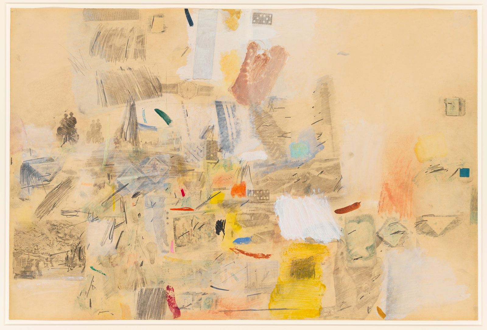 An abstract painting featuring a variety of brush strokes, scribbles, and color patches on a beige background. The artwork is composed of layers of different textures and hues, including blues, reds, yellows, and whites, with some areas where the underlying sketches and marks are visible. The composition is dynamic, with no clear focal point, inviting viewers to interpret the piece in their own way.