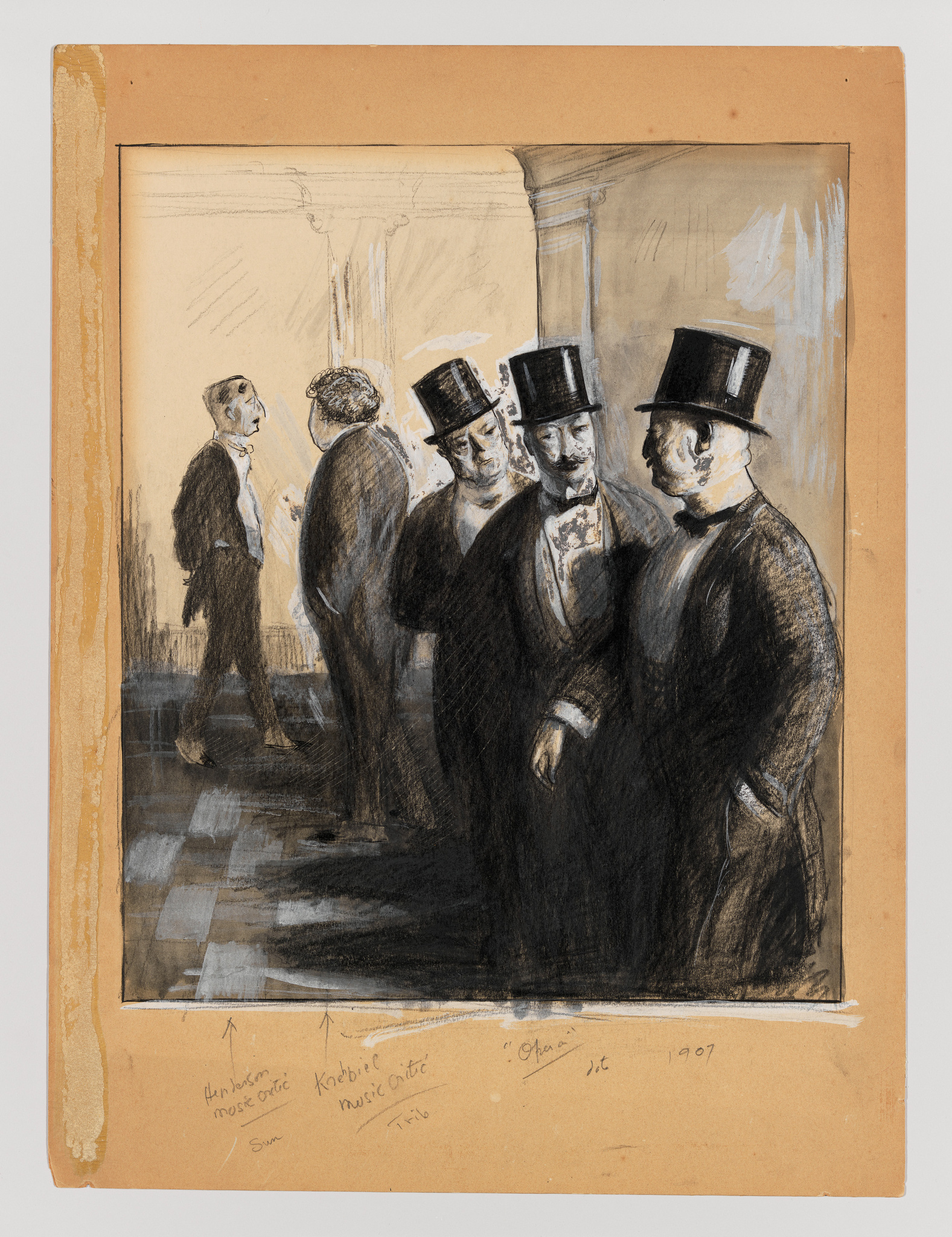 Illustration of a group of men in formal attire with top hats conversing in an indoor setting, possibly at a social event. The artwork, dated 1907, features handwritten annotations at the bottom and is sketched on a beige paper with a rough texture.