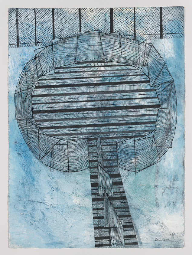 An abstract artwork featuring a central geometric structure resembling a circular staircase or amphitheater with striped patterns, set against a textured blue background with grid-like elements at the top. The piece has a hand-drawn, etched quality and is signed by the artist in the bottom right corner.