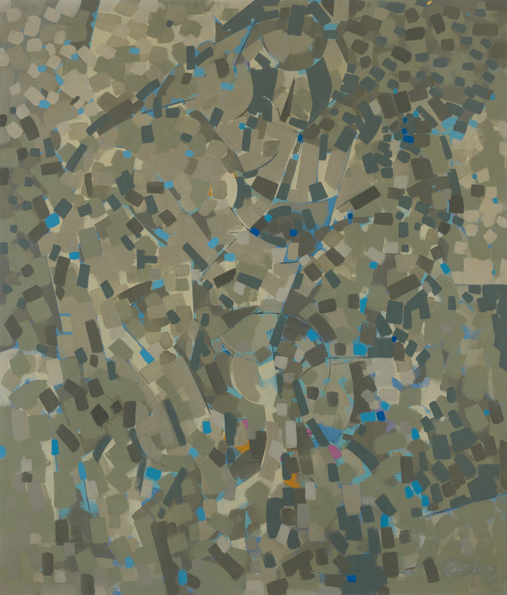 Abstract painting featuring a mosaic of variously shaped and sized rectangles in shades of green, blue, and gray, with subtle hints of orange and yellow. The composition suggests a dynamic, almost rhythmic movement across the canvas, and the artist's signature is visible in the lower right corner.