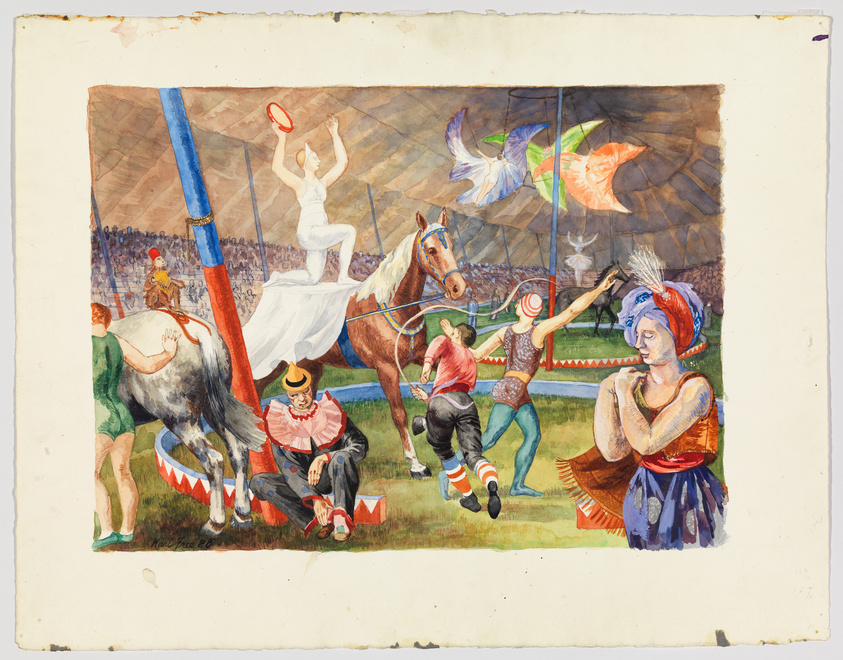 A vibrant and whimsical watercolor painting depicting a chaotic circus scene with various characters and animals performing. In the foreground, a clown sits next to a large horse, while a strongman prepares to lift a barbell. To the right, a woman in a blue turban seems lost in thought. In the center, a football player tackles another as a cheerleader with a megaphone encourages them. Above, a trapeze artist reaches for a flying ring, and colorful birds add to the dynamic atmosphere. The background shows a crowd of spectators in stadium seating, all set against a clear sky. The painting is bordered by white edges, with the artist's signature at the bottom left.