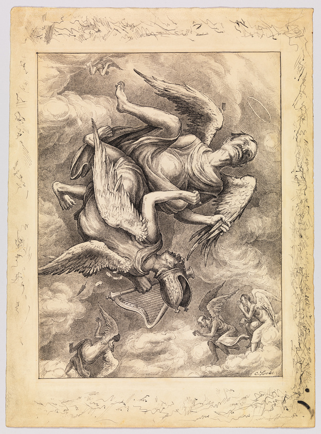 A detailed etching depicts a dramatic scene where a man with wings is falling from the sky, his expression one of shock and despair. He is surrounded by clouds and other smaller winged figures, some of whom appear to be in distress or combat. One figure in the foreground is also falling, while another, equipped with a helmet and bow, seems to be in the midst of battle. The artwork is bordered by a decorative frame with sketches and notes along the edges, suggesting a work in progress or a conceptual study.
