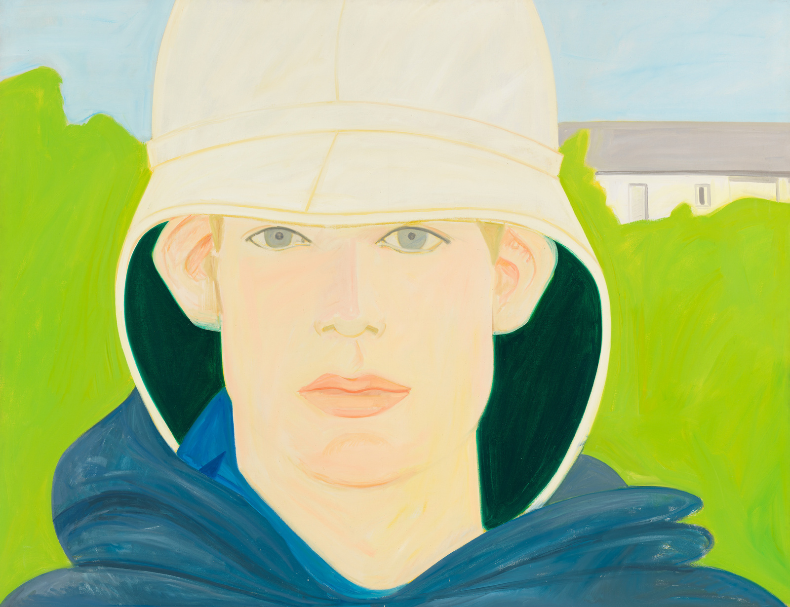 A painting of a person with a neutral expression wearing a white bucket hat and a dark blue hoodie. The background features a simplified landscape with greenery and a hint of a building in the distance. The style is characterized by flat areas of color and bold outlines.
