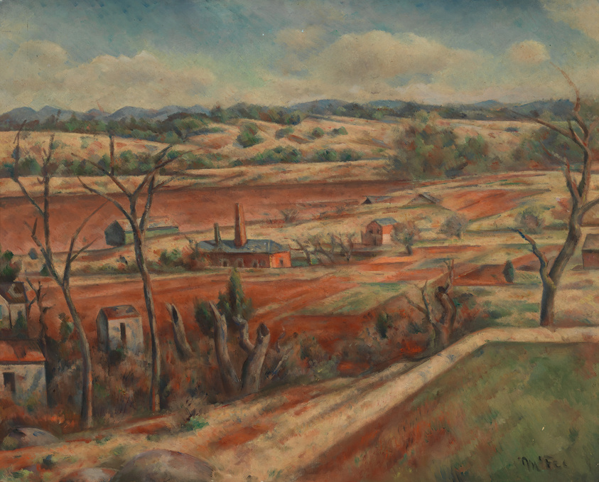 Rustic landscape painting with rolling hills, bare trees, and a factory amidst scattered buildings under a cloudy sky.