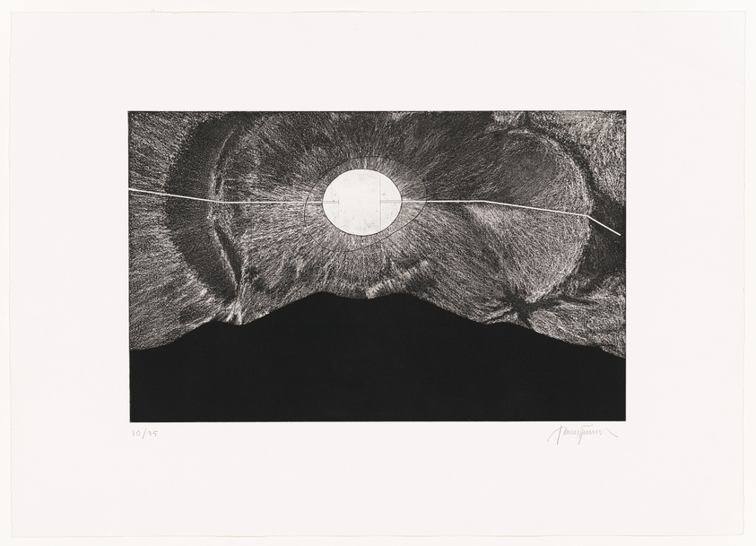 Black and white abstract print with a central circle and radiating lines on a textured background, signed and numbered by the artist.